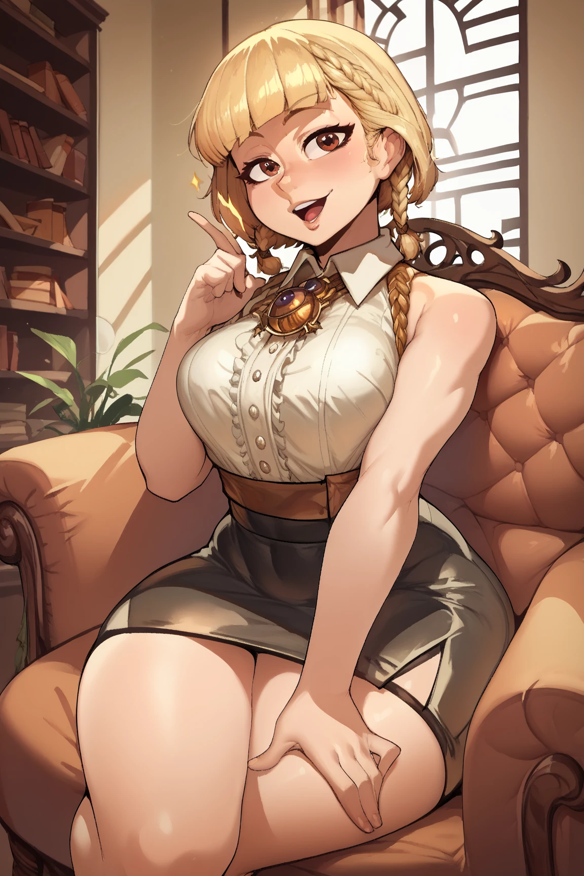 (Best image quality),masterpiece,8k wallpaper,One Woman,22 years old,Europe,((German folk costume)),(Blonde,Golden eyebrows),(Glasses),((Large Breasts)),Cleavage,((Brown Skin:1.4)),.On all fours,Looking up at the audience,Captivating smile,Pink Cheeks,The background is a German village,Natural soft light,frontage,70 degree angle of view