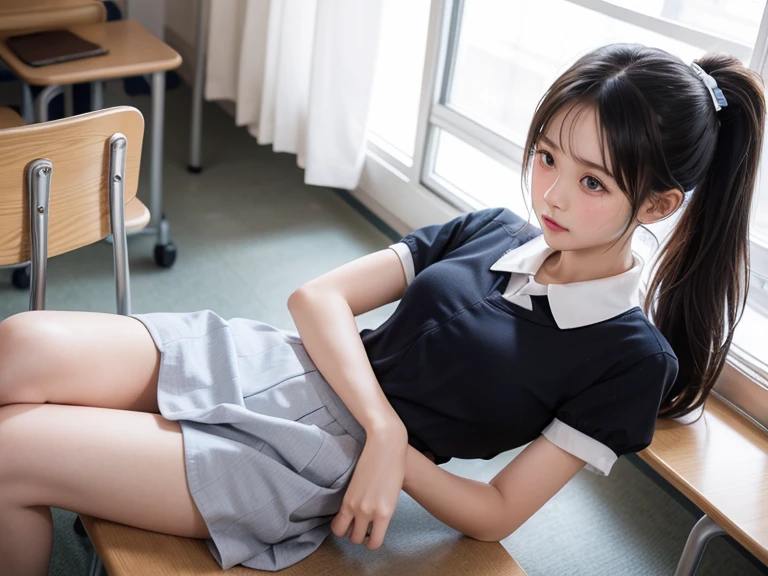 Completely immaculate background、White back、 student、soio、brown haired、beautidful eyes、real looking skin、A detailed eye、hi-school girl、small tits、tiny chest、(8K、masterpiece)、(reallistic、Photorealsitic)、top-quality、ighly detailed、The ultra-detailliert、Beautie、cute little、japanes、a smile、Close-up portrait、Healthy face、School uniform、skirt by the
