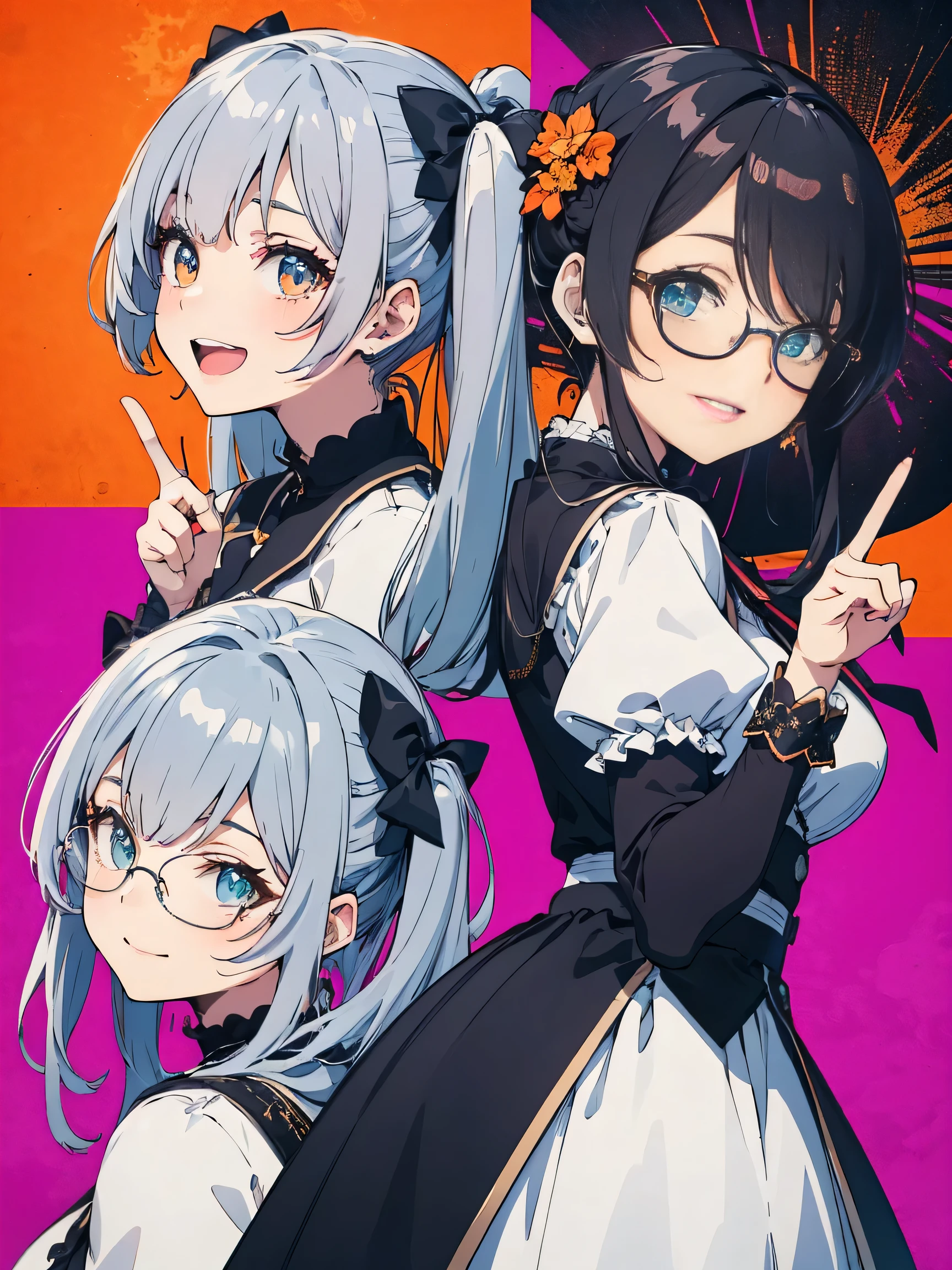 score_9, score_8_up, score_7_up), source_anime, absurd_res, white, blue, black, (2girls), super fine illustration, an extremely delicate and beautiful, best quality, masterpiece, 8K, Marika, Sena, back to back pose, silver hair, black hair, twin tails, black hair bow, black hair, long hair, swept bangs, half updo, aqua eyes, orange eyes, round glasses, (thick eyebrows), perfect feminine figure, anatomically perfect, beautiful detailed faces, huge breasts, radiant smiles, playful postures, matching outfits, peace signs, winking, cheerful expressions, colorful background, pop art style, vibrant colors, cute aesthetic, friendship theme, dynamic composition, energetic atmosphere, detailed facial features, bright lighting, youth fashion, standing pose, complementary poses, joyful mood,  style, bubbly atmosphere,((4k,8k,Ultra HD)),((Masterpiece :1.2)),((Best quality :1.2)),((Detailed :1.5)),((Detailed background :1.5)),sharp lines, vivid colors, high contrast