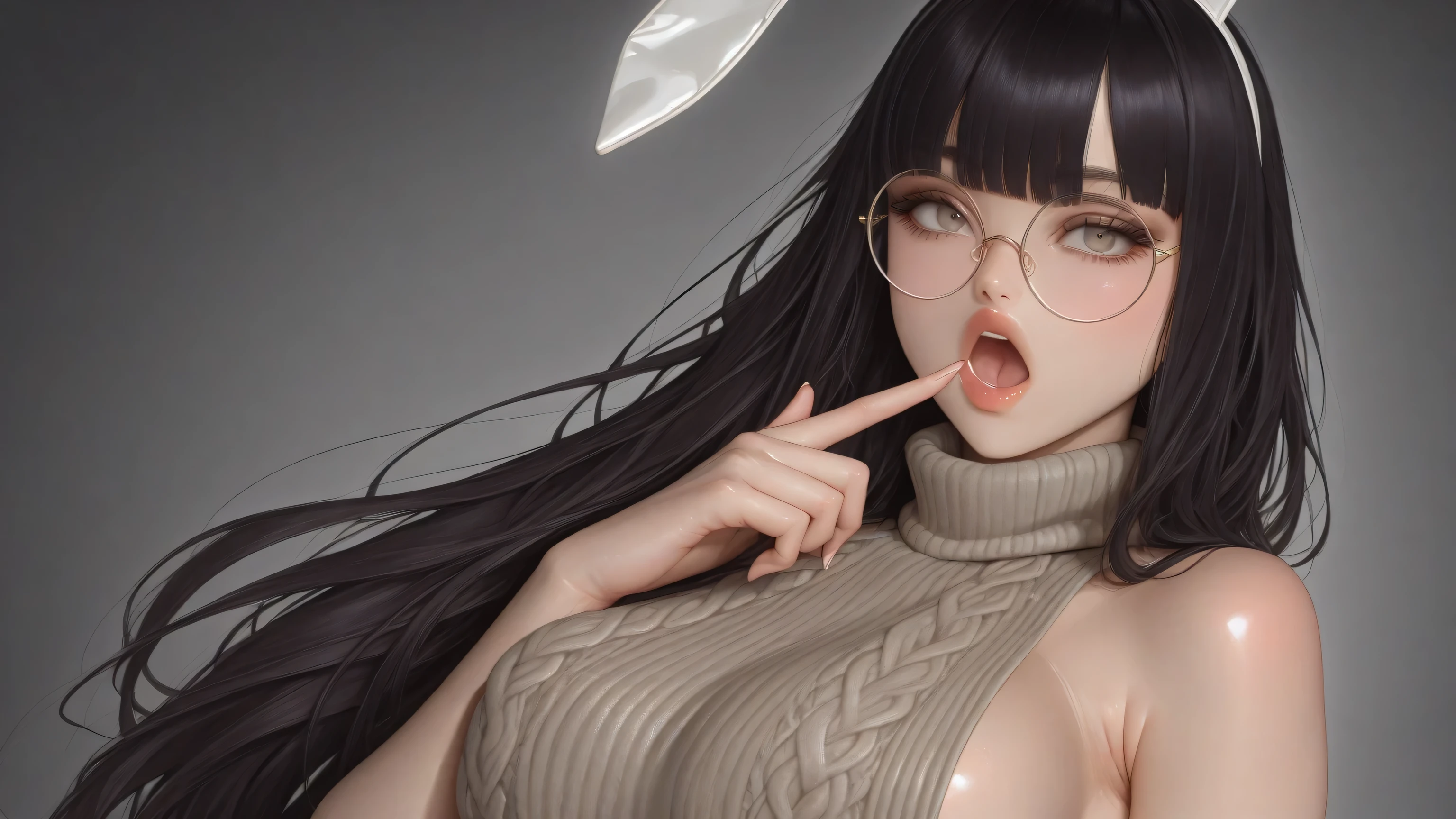 masterpiece, best quality, amazing quality, hyper-detailed, newest, very aesthetic, 1woman, woman melting:1.0, melt sexdoll:1.0, sexdoll mouth, open mouth, upper body, blunt bangs, long hair, round eyewear, rabbit ears, fake animal ears, long eyelashes, sideboob, medium breasts, virgin killer sweater, finger to mouth, dynamic pose, diffused light, absurdres, highres