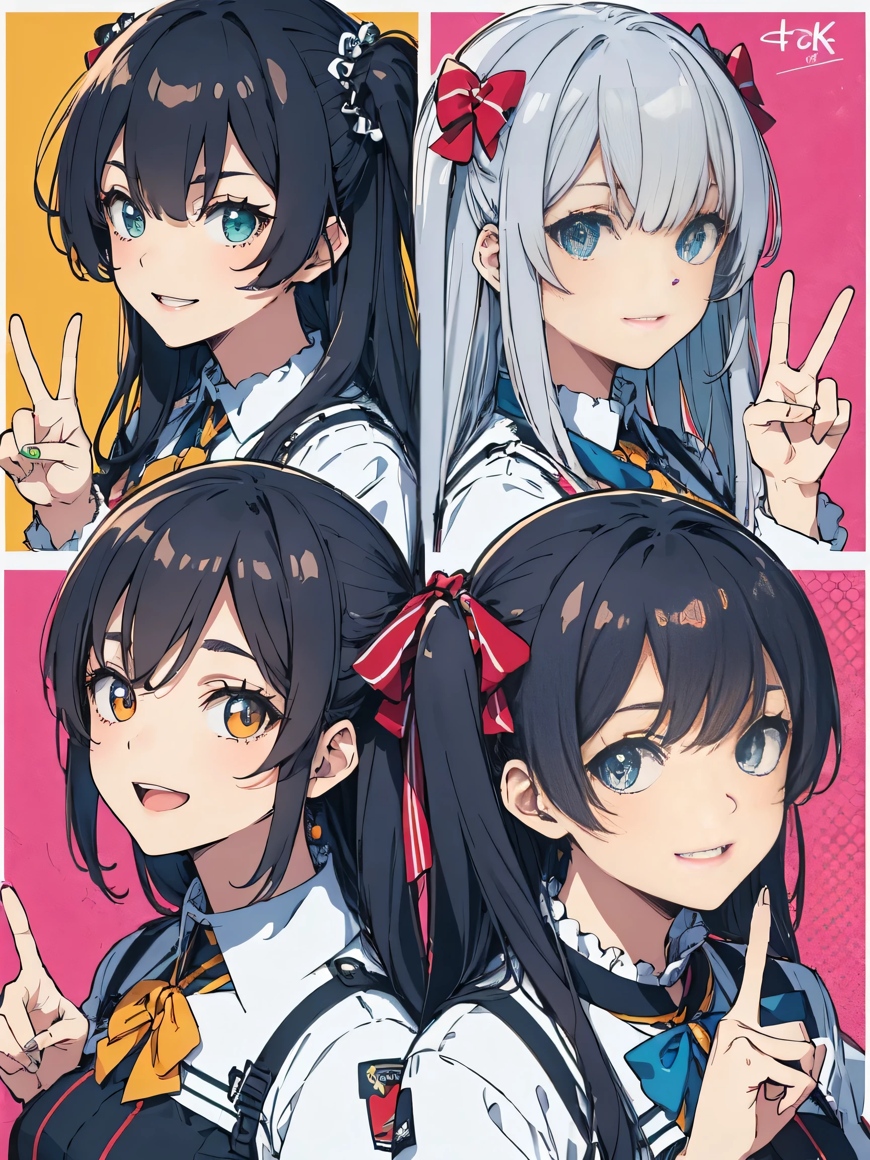 score_9, score_8_up, score_7_up), source_anime, absurd_res, white, blue, black, (2girls), super fine illustration, an extremely delicate and beautiful, best quality, masterpiece, 8K, Marika, Sena, back to back pose, silver hair, black hair, twin tails, black hair bow, black hair, long hair, swept bangs, half updo, aqua eyes, orange eyes, round glasses, (thick eyebrows), perfect feminine figure, anatomically perfect, beautiful detailed faces, huge breasts, radiant smiles, playful postures, matching outfits, peace signs, winking, cheerful expressions, colorful background, pop art style, vibrant colors, cute aesthetic, friendship theme, dynamic composition, energetic atmosphere, detailed facial features, bright lighting, youth fashion, standing pose, complementary poses, joyful mood, style, bubbly atmosphere,((4k,8k,Ultra HD)),((Masterpiece :1.2)),((Best quality :1.2)),((Detailed :1.5)),((Detailed background :1.5)),sharp lines, vivid colors, high contrast