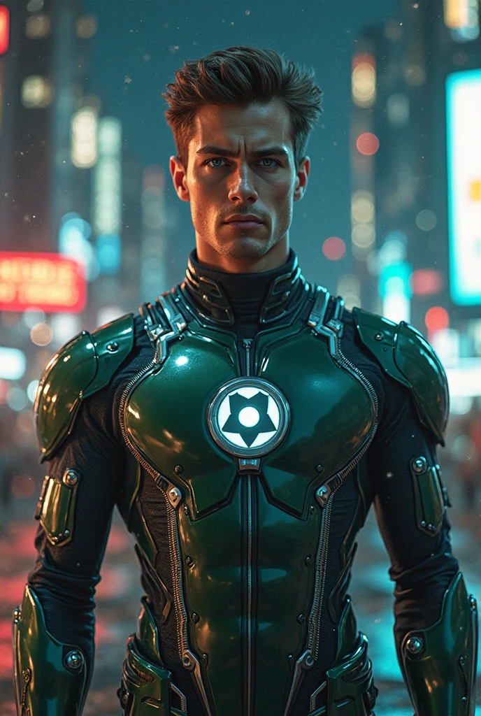 Portray a realistic character for a fantastic video game, The character combines qualities (power, endurance, dexterity, fart), in a suit made of tight-fitting nanofiber, ability to fly, the ability to release electrical discharges from the hands, There is a green light in his eyes, As realistic as possible, On the street of Cyber City, Assistant Flying Android, Highest resolution, Highest Detail, 8k, super realism
