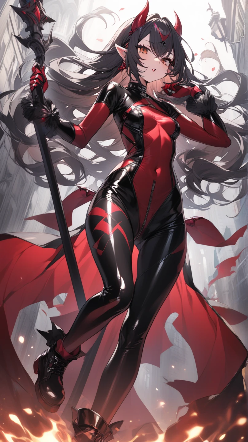 masterpiece, best quality, 8K, number, 1 girl, alone, stand up, youth, white hair, long white hair, hair accessories, Red eyes, round pupils, Emotionless expression, Bloodstained mechanical parts, electric wire, cable, failure effect, scary, Science fiction, futuristic, The background is darker inside, neon lights, cyberpunk characters, surreal, Strange, Disturbing, spine-chilling, scary, One-piece Pants,Red eyes,Venom Possession,blackened,Long black gloves,Rompers,Tight latex jumpsuit,Highlight her graceful figure,Wrap the whole body and stand up,symbiont,((Raised sexy)),One-piece Pants,Red eyes,Venom Possession,blackened,Long black gloves,Rompers,Black latex clothing,Blood-Red eyes,best quality, High resolution, super detailed, Vivid texture, mask, Tight latex jumpsuit, Bangs,purple hair, blue eyes