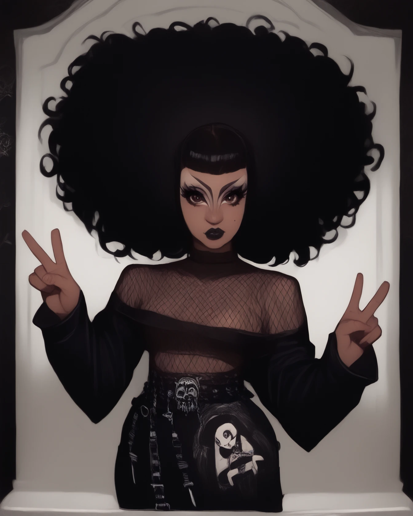 score_9, score_8_up, score_7_up, score_6_up, best quality, masterpiece, solo, female, brown skin, black hair, curly hair, afro, blunt bangs, brown eyes, fully clothed, breasts, black shirt, off shoulder, fishnet top, eyelashes, eyeliner, mole, black lips, makeup, goth, v sign, detailed, colored, full-length portrait, detailed background