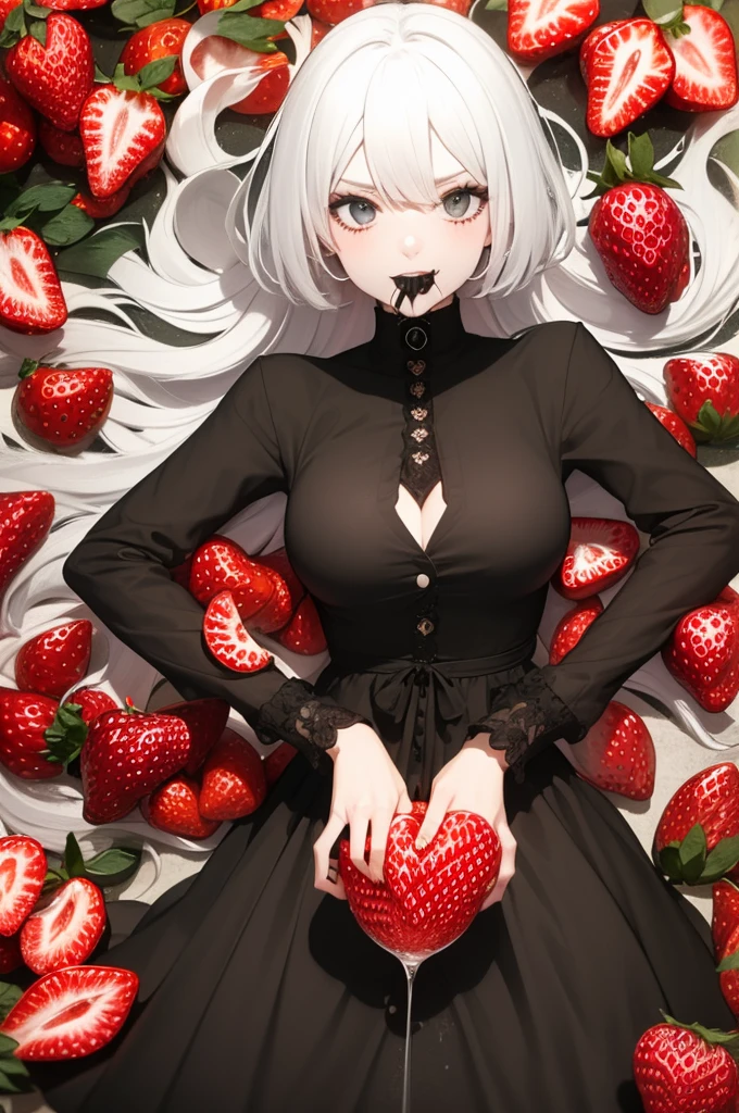 a portrait of a female vampire eating a (bloody donut: 1.3), an exotic exquisite beautiful female vampire, dynamic hair color, wavy hair, dynamic eyes color, (glowing  eyes: 1.1), intense eyes, wearing glamour silk dress, intricate detailed dress, dynamic color dress, dynamic style dress, ((eating  a large donut soaked with blood: 1.3)), blood dripping from the donut, (cherries: 1.1), (whipped cream: 1.1), dark fantasy pastry shop background,  vibrant, Ultra-high resolution, High Contrast, (masterpiece:1.5), highest quality, Best aesthetics), best details, best quality, highres, 16k, [ultra detailed], masterpiece, best quality, (extremely detailed) RAW, (ultra details, Masterpiece, best quality),   Dark Art Painting Style, Intense gaze, blood, Cinematic Hollywood Film
