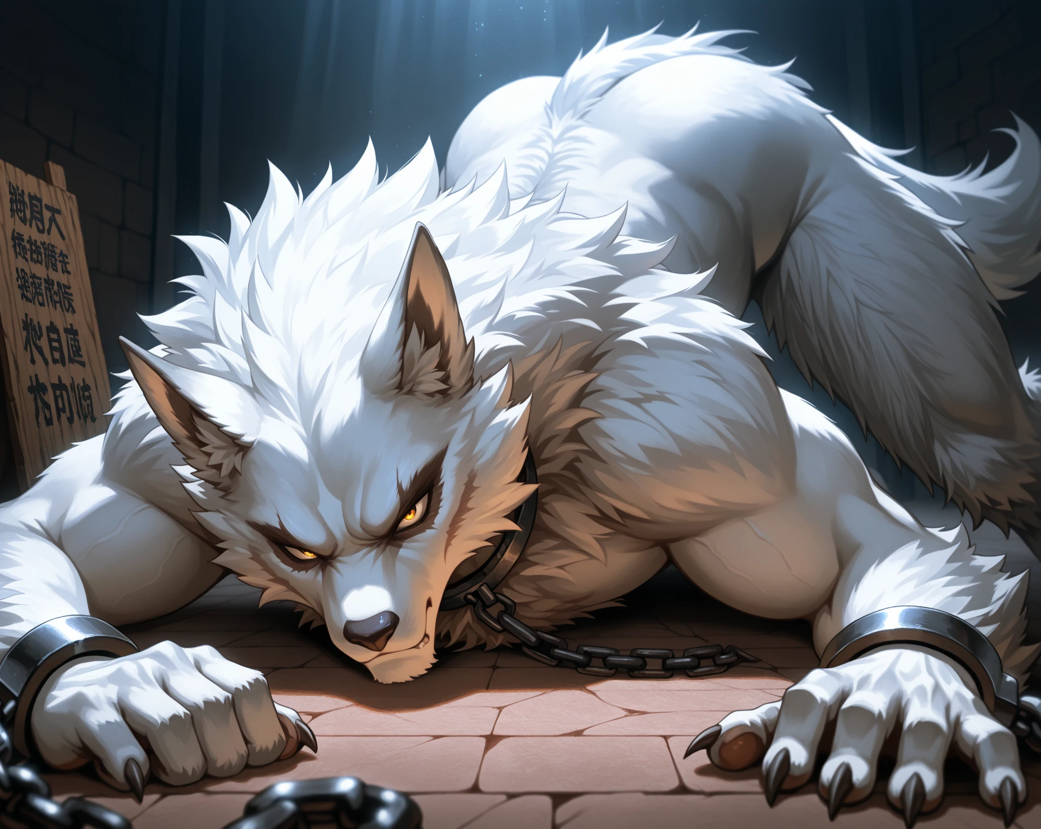 (best quality), (photorealistic:1.2), (masterpiece:1.3), (realistic detail:1.2), highest quality, ultra detailed, 8k, RAW photo, (mature male wolf:1.3), (extreme detail:1.3), (gray fur:1.2), facial hair, long hair, white braided hair, (blood:1,6),(elderly:1.2), (emaciated:1.3), nude, (muscular:0.9), (battered body:1.4), bleeding, (heavily scarred:1.4), shackled, (chained:1.4), (dungeon:1.3), (torture:1.3), (extreme pain:1.5), (semiconscious:1.3), (lying on ground:1.3), (weak:1.4), (suffering:1.5), (dim lighting:1.2)