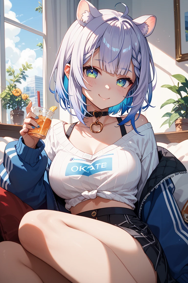 cute,girl,(ocean blue hair:1.2),(wave hair:1.1),(purple eyes:1.1),🍻,Cheers with beer🍺,(living room:1.3),open your mouth,smile,(コルセット:1.1),