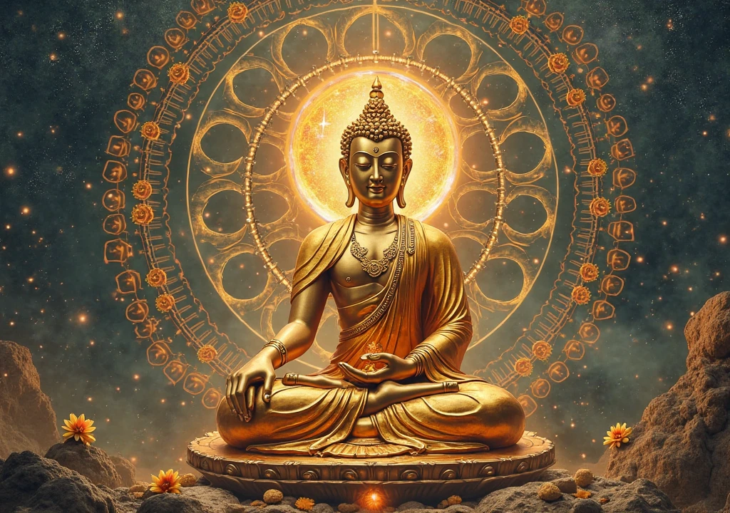 Interstellar，infinite space，The huge statue of Maitreya Buddha rushed towards the huge space-time tunnel，Highly detailed portrait of a huge golden Buddha with the halo of the sun god，transparentes，depth of fieldwork-prima))，(best qualityer))，Magnificent space image scene，Surrealism, super detaill, precise, best qualityer, hiper HD, work of art, anatomically correcte, A high resolution, 16K