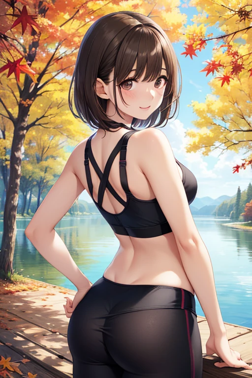 masterpiece, best quality, highres, hmochako, blush stickers, short hair, medium breasts. black spandex shorts, pink spandex bra, black silk stockings, smile, cherry blossoms, outdoors, cowboy shot, medium breasts