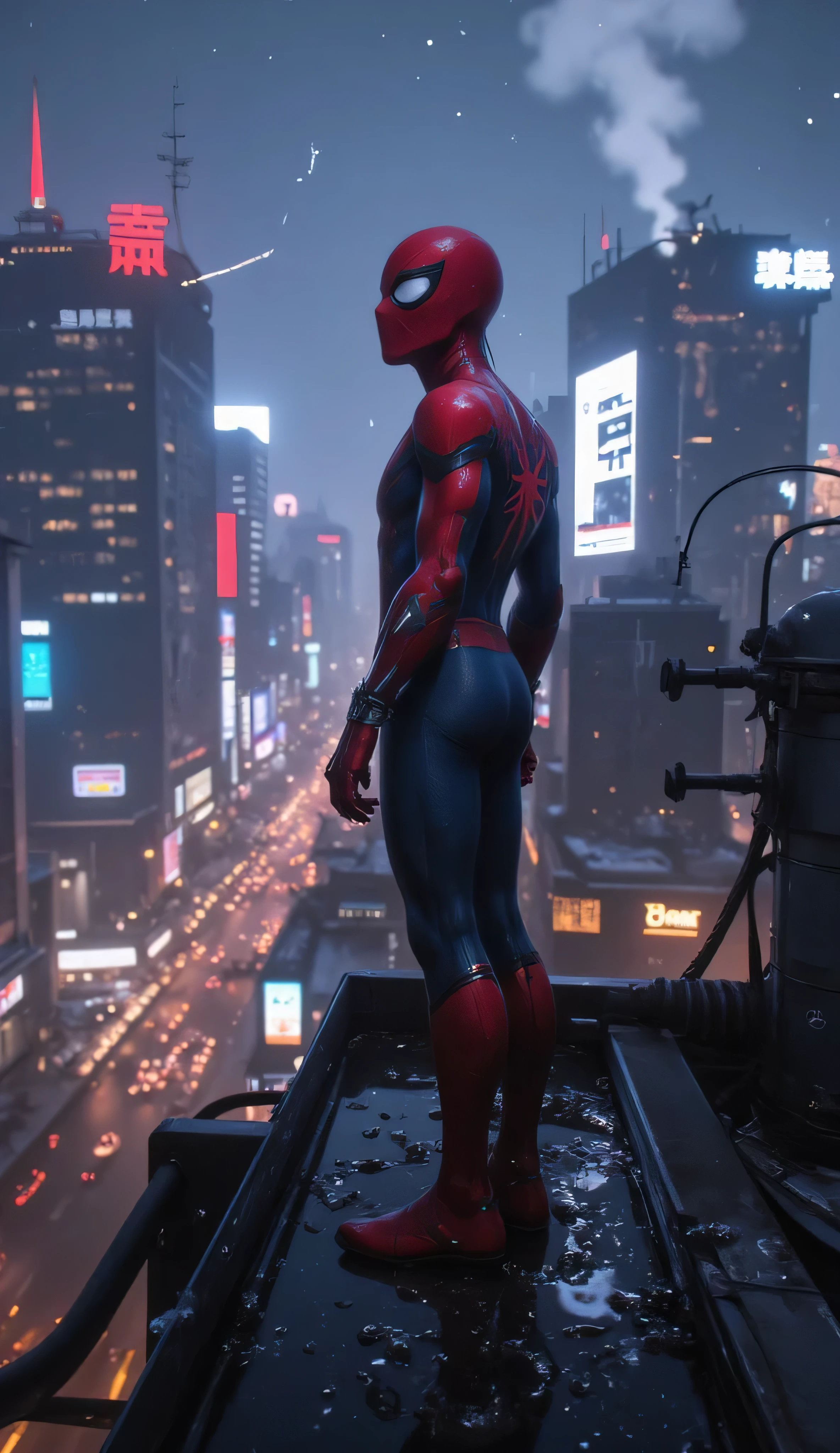 A hyper-realistic, ultra-detailed 8K cinematic image focusing on Spider-Man standing alone atop a tall building, overlooking a dimly lit urban skyline at night.
Spider-Man:
Wearing a sleek, modernized version of his iconic red-and-blue suit, subtly reinforced with armored textures.
His mask is on, with white eye lenses softly glowing under the cold city lights.
He stands near the edge of the rooftop, one foot slightly forward, his posture confident but contemplative.
The wind gently ripples his suit and the occasional flicker of distant lightning reflects across the sleek surface of his armor.
Faint moonlight and neon glow highlight the fine details of the suit's web pattern and textures.
Environment:
The rooftop is surrounded by towering skyscrapers and glowing billboards.
Steam vents hiss nearby and antennae blink with red lights in the misty distance.
Below, the bustling city is blurred into soft bokeh, placing Spider-Man in crisp, cinematic focus.
Puddles on the roof reflect the stars above and Spider-Man’s lone figure.
Mood:
Gritty, heroic, and introspective.
A lone sentinel watching over the city from the shadows — quiet strength before chaos.