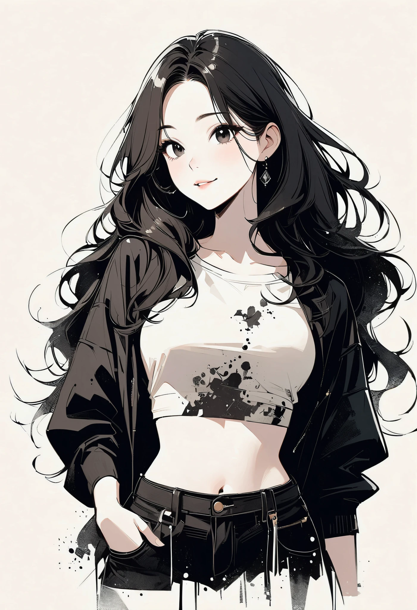 Ultra-detailed, master piece, Top quality, woman, bewitching smile, Beardsley style picture, monochrome, alcohol ink drip art, line-art, block print, side view, crop top, long wavy hair, bangs, Very_beautiful_face, very_beautiful_eyes, even_eyes