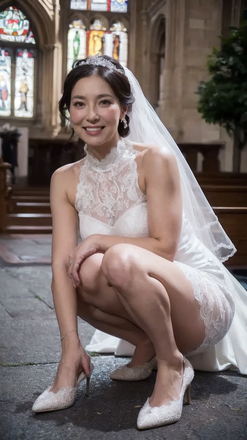 Best Quality, hight resolution, Hires, Skin definition, Detailed skin, Detailed eyes, Detailed face, 4K, 日本人A MILF, ((独奏)), (((50 years old))), (Wrinkles at the corners of the eyes:1.5), (nasolabial folds:1.5), A MILF, glamor, A sexy, Chromo-white skin, ((Straight Long Hair)), Looking at Viewer,(((Aging skin:1.3))), ((loose muscles:1.4)), (((A slender))), (((Very large breasts:1.28))), ((Saggy udder)), (Saggy buttocks), ((Japanese Models)), 4K, (photoRealistic:1.5), Realistic, nffsw, Beautiful, Bimbo, Perfect makeup, {(((weddingdress))), (((Long veil))), (((garterbelts))), (((White fishnet stockings))), (((shining tiara))}}, ssmile, on the red carpet in the church, Full body photo,