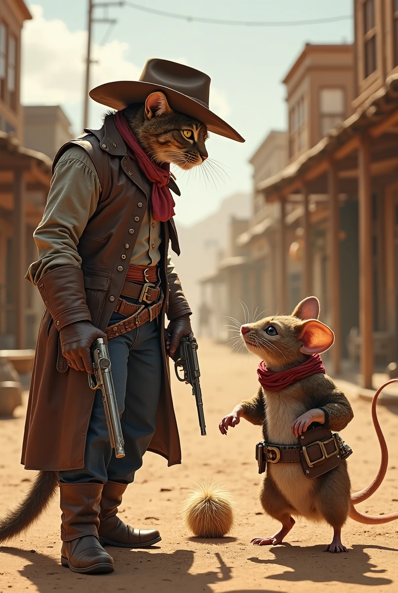 「A dramatic Wild West showdown between a rugged cat gunslinger and a cunning mouse outlaw, standing face-to-face on a dusty desert town street at sunset. Highly detailed 8k render, anthropomorphic animals with cowboy hats, leather holsters, and spurs, intense eye contact, paws hovering over revolvers. Golden hour lighting casting long shadows, wooden saloon buildings with swinging doors in background, tumbleweed rolling between them. Cinematic composition, dynamic posing, hyper-realistic fur textures, weathered Western clothing, ultra-detailed revolvers with metallic sheen. Style: gritty neo-western mixed with whimsical animal fantasy, dramatic atmosphere, 8k resolution --ar 16:9」