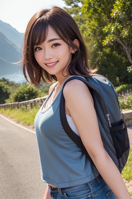 ((Mountaineering))、Backpack、blue sky、Laughter、(masterpiece、highest quality) 、cute、(Huge boobs:1.2)、((20-year-old woman:1.2))、Young and adorable Japanese face, ,Soft portrait photography,In 8K,、A young and cute gravure idol