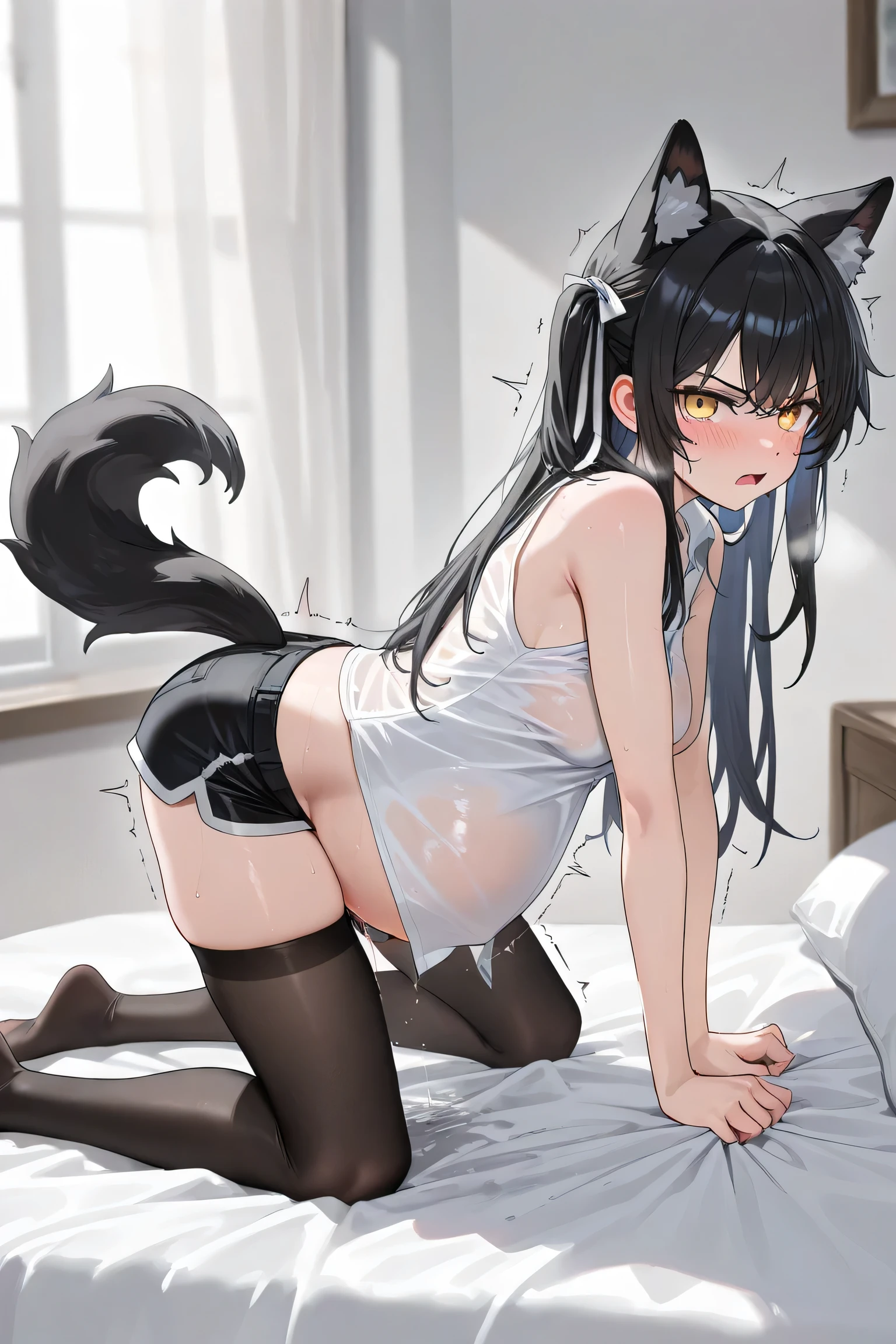 Catgirl, , straight and silky hair that is so long it touches the floor, big and butt, wearing tight lingerie and nothing else, has cat tail, DD sized and thick butt