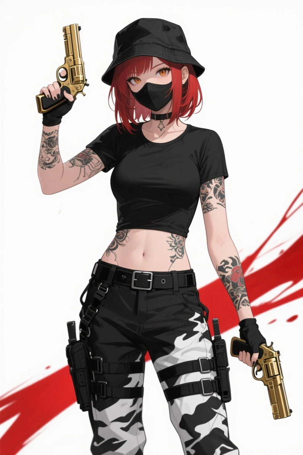 Young guy, short black hair, red eyes, cat ears, leather vest, open torso, pants, scars, smile, masterpiece, high quality