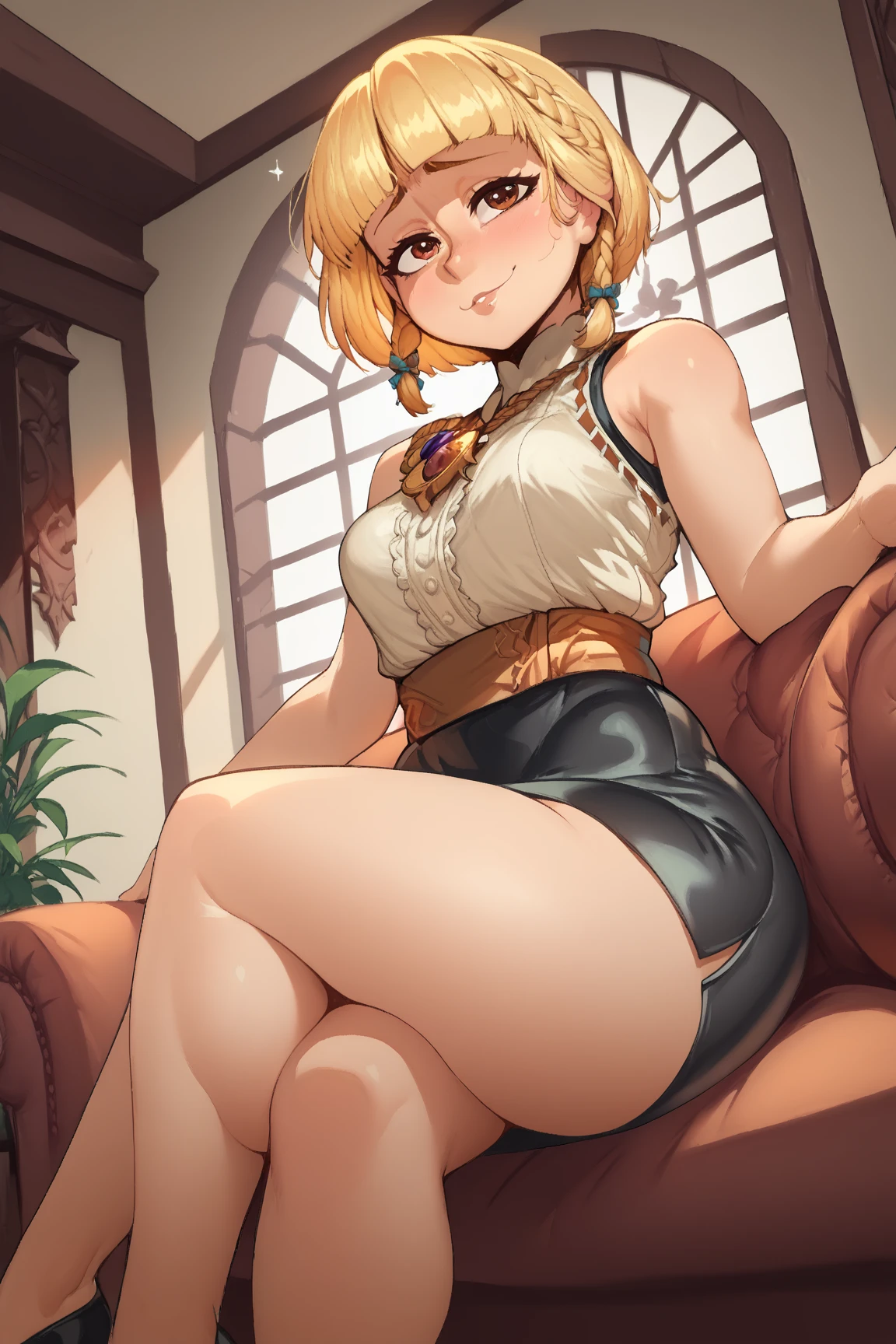 masterpiece,best quality,1girl,solo,hellsing, seras victoria,from front,looking at viewer, blonde, red eyes, outfit,genshin impact,large breasts,sideboob,blush,smile,from below,sitting,arms behind head,indoors,hair between eyes,