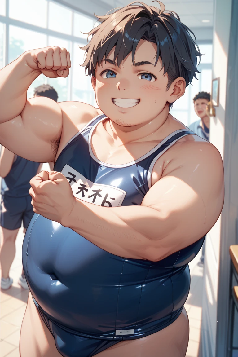 Ash Ketchum and from Pokémon and his long-lost twin brother flexing their biceps under hypnosis with glowing red eyes as they grow into big dumb sweaty hairy muscular football jock bros in a locker room and assimilate with the other dumb jock bros there. Hyper muscles. Massive muscles. Big biceps. Big triceps. Big traps. Broad shoulders. Big pecs. Bulging crotch. Hyper crotch bulge. Dumber and dumber. Blank stare with open mouth while saying, "I am a dumb jock.... I obey.... Bigger and bigger.... Dumber and dumber.... Hairier and hairier.... Yes, Coach.... Must recruit more bros. I am a dumb jock... I obey.... Huhuhuhuh...." Slumped shoulders. Hypnosis. Brainwashing. Bigger and dumber jock bros. Assimilation. Transformation into big dumb muscular jock bros. Slumped shoulders. Massive crotch bulge. Bulging glutes. Thick stubble. Hairy armpits. Repeating triggers to be dumber and dumber each time they say them to think and focus only on growing muscle and being the perfect football jocks. Hairy brutes. Crass.
