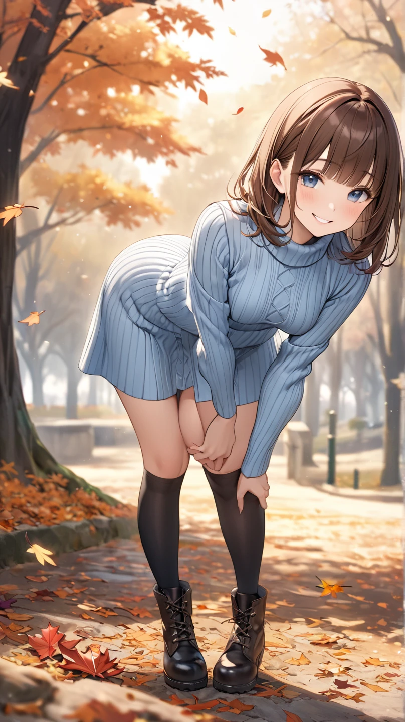 masutepiece, Best Quality, hight resolution, HMKH1,  Black pantyhose, Cowboy Shot、fullmoon、Colored leaves、self lift、Photo from below、((Black underwear))