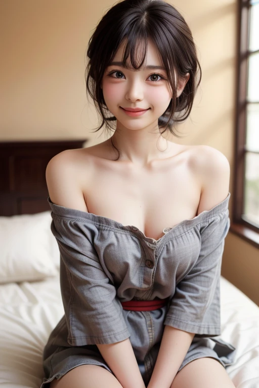 (table top, highest quality:1.4), beautiful face, 8k, 85mm, absurd, ((dark hotel bedroom))、(wearing a thick white bathrobe:1.4), ((cowboy shot:1.5))、((shot from below:1.4))、((small breasts:1.4))、viola lace, gardenia, delicate girl, alone,((boyish hairstyle:1.4))、(((girl with extremely short hair:1.5)))、((Sitting on the red sofa:1.4))、((drink juice:1.4))、night, looking at the viewer, Upper body, film grain, chromatic aberration, sharp focus, face light, professional lighting, Sophisticated, (彼女は笑faceで私を見た:1.4), (simple background, background bokeh:1.2), face、