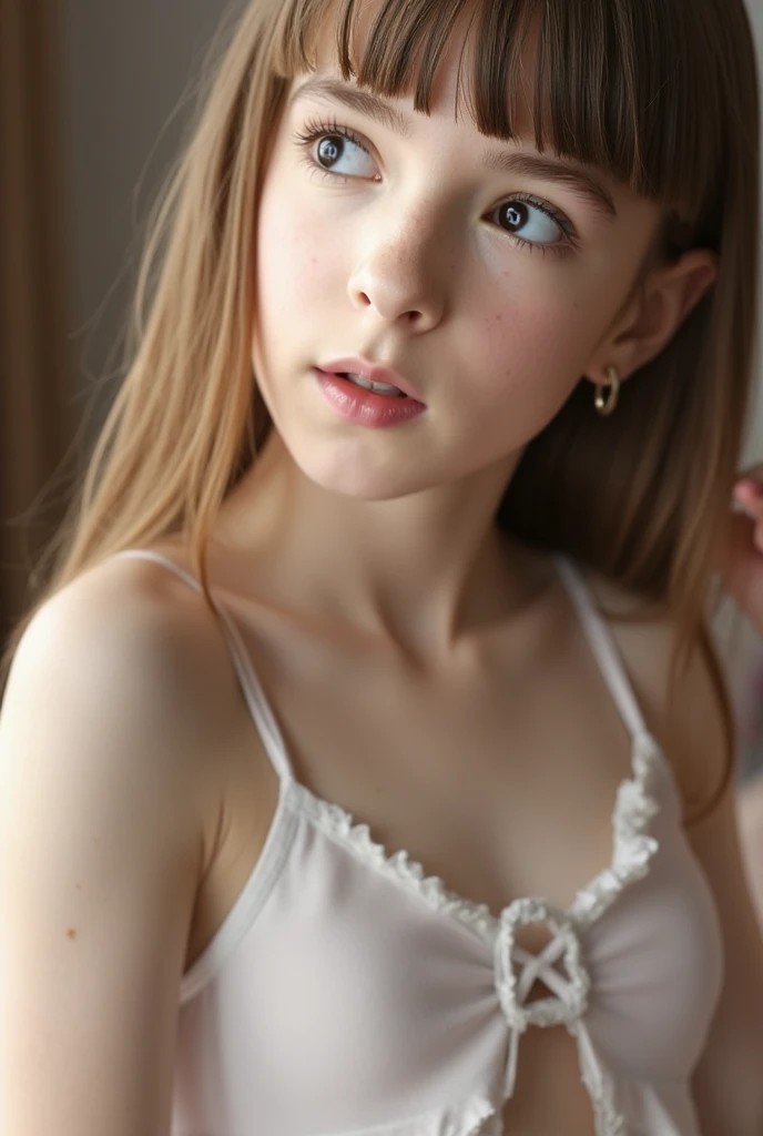 Elle Fanning, Imagen ultrarealista de alta calidad de una adolesente..ojos azul, piel blanca. small breasts, senos visibles, vagina visible, vagina bien detallada, piel blanca, detalles finos en piel , ojos azules. Mirando al espectador, hermosos rostro. Parada de frente, rosas rojas, flores