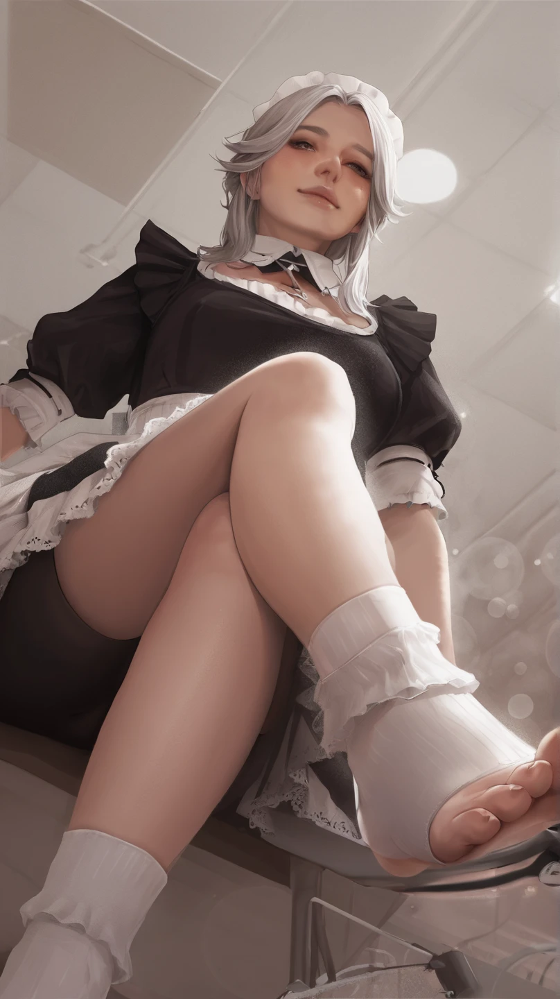 <lora:formidable_AzurLane_v3:1>, formidable_default, dress_default, sitting, foot focus, from below, looking away, looking down, tears, sky, blush, :t, knee up, white panties, white pantyhose, spread legs, no shoe, (feet), indoor, room, on couch