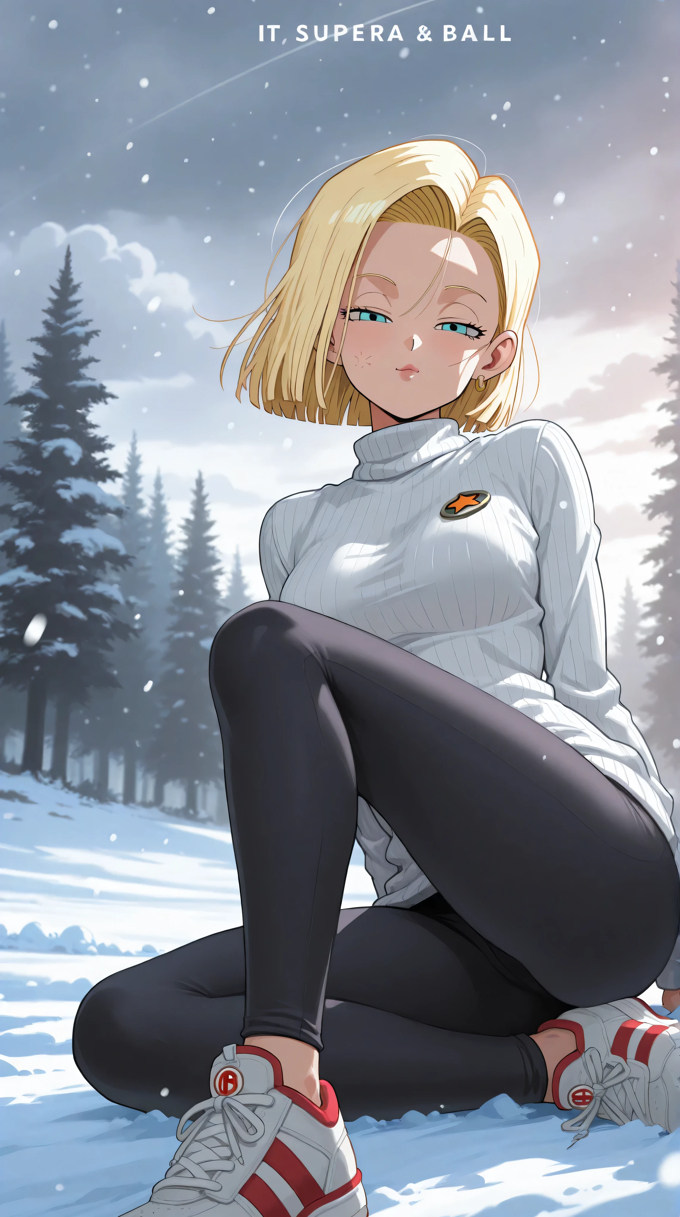 best quality, masterpiece, small breasts, smile, sweatshirt, leggings, outdoors, anime style, grass field, daytime, blue sky, blue eyes, detailed eyes, medium hair, blonde hair, loose hair, bangs, lying down, ass,