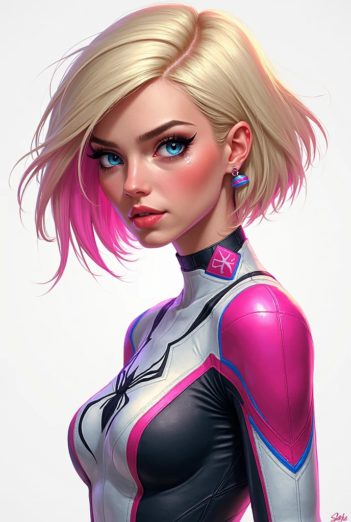 gwen stacy, 3nid_14  wearing a spider-gwen outfit, ((spiderwoman)), (white and pink spiderman outfit),  female spiderman, hood down, smirk,
 Hairstyle Blonde Hair With Bang, (half shaved head), short hair, spiderman logo, (see-through leotard:1.3), 
(pink cropped hoodie:1.4),  
((shortstack:1.5)),(skindentation:1.5), (small breasts:1.4),
[blond:pink:5]
( top quality, best quality, white leotard, beautiful and aesthetic:1.2), (1girl:1.3), extremely detailed, short,blond, flying hair,  (curvy:1.3),  highest detailed,  (abstract background:1.3), ,(earrings), , roby dwi antono, ross tran, francis bacon, michal mraz, adrian ghenie, petra cortright, gerhard richter, takato yamamoto, ashley wood, atmospheric,  streaming musical notes visible
<lora:LowRA:0,4> <lora:3DMM_V7:0.6> <lora:uv:0,3> <lora:add_detail:0.5> upper body, close up, face focus,
<lora:dalcefopainting_Lora300:0.3> <lora:epiNoiseoffset_v2:0.3> <lora:NijiExpressV2:0.4>flat_chest, tiny_breasts, (( hailee1, HaileeSteinfeld1, heilee-emb-haiz):0.5) 
 ink, ankymoore, inked, illustration of a gwen_stacy,
[(
<lora:add_detail:0.4>  <lora:NijiExpressV2:0.4>
):5] 
<lora:ink-0.1-3-b28-bf16-D128-A1-1-ep64-768-DAdaptation-cosine:0.8> <lora:lihui-v3-2d-32-16-1e-4-re4-ep4-768-removetag:0.4> <lora:lihui234-32:0.4> <lora:gwen_1.5:0.7>
 <lora:ankymoore:0.6>
 <lora:see-through leotard:1> <lyco:spider_gwen:0.78>