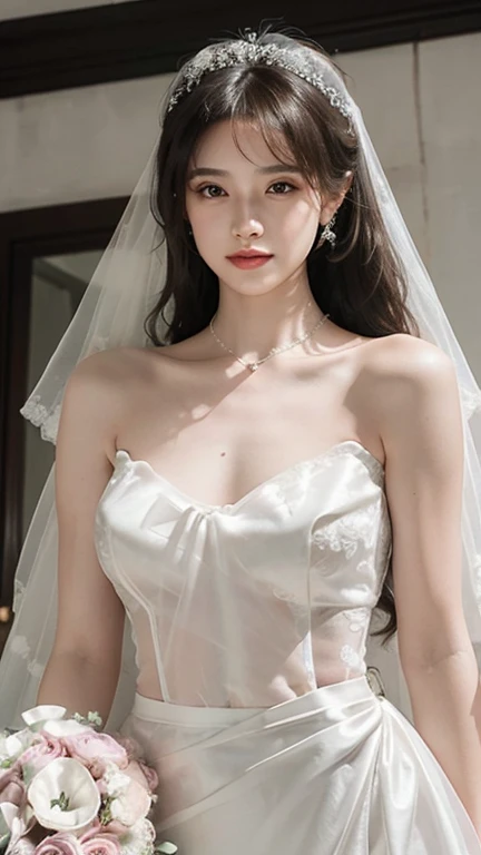 best qualitiy，杰作，The ultra-great resolution，（extremely lifelike：1.4），OriginalPhotographs，The skin，simple background，Black eyes，Detail，selfee， 1个女孩，The sunlight，Large breasts，Bandeau wedding dress，