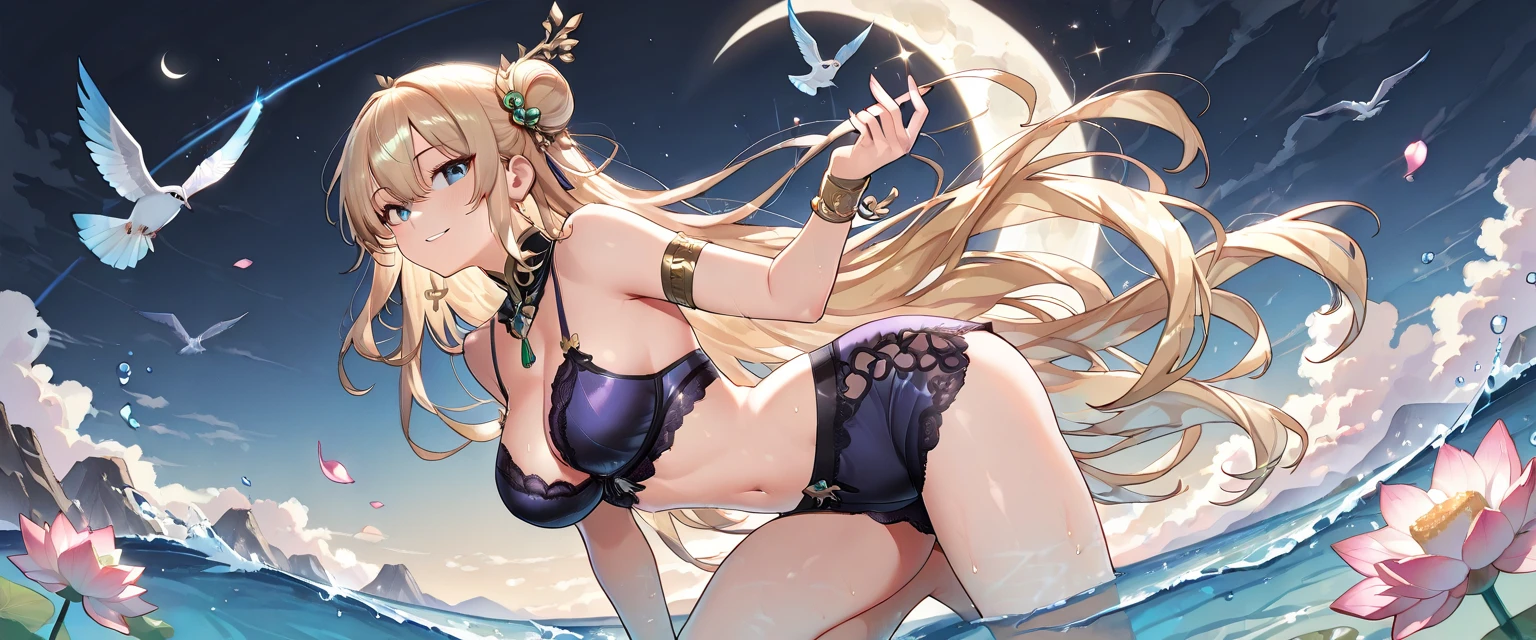 (top quality beautiful illustration),(((cute little loli))),(((tiny loli))),(((little girl))),(((small body))),(((childish face))),(((very fine pretty face))),(blonde long hair),(very detail shiny blue eyes),(seductive),(smile),(large breasts),(black bikini),(night time),(sexy pose)