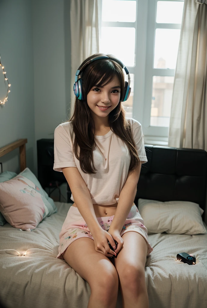 a girl in panties and a t-shirt sitting on a chair in front of a TV and playing PlayStation holding a controller and wearing a gaming headset on her head, wide hips, big chest, transparent, wet chest. side view.