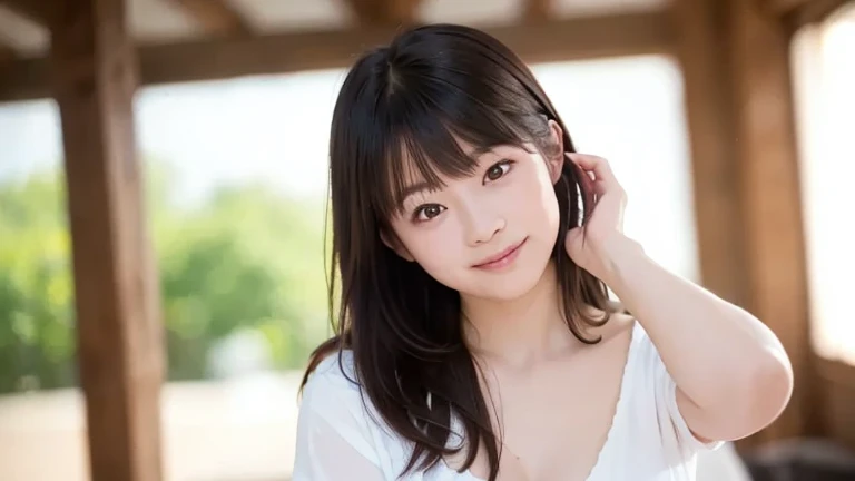 best quality, face focus, soft light, ultra high res, (photorealistic:1.4), RAW photo,(Shinozaki Ai),
1japanese girl, solo, cute, kawaii, smile, (pupil, lights in the eyes),  detailed beautiful face, busty,(high resolution detail of human skin texture),(long hair),(portrait), chest up, white traditional kimono, in the forest,