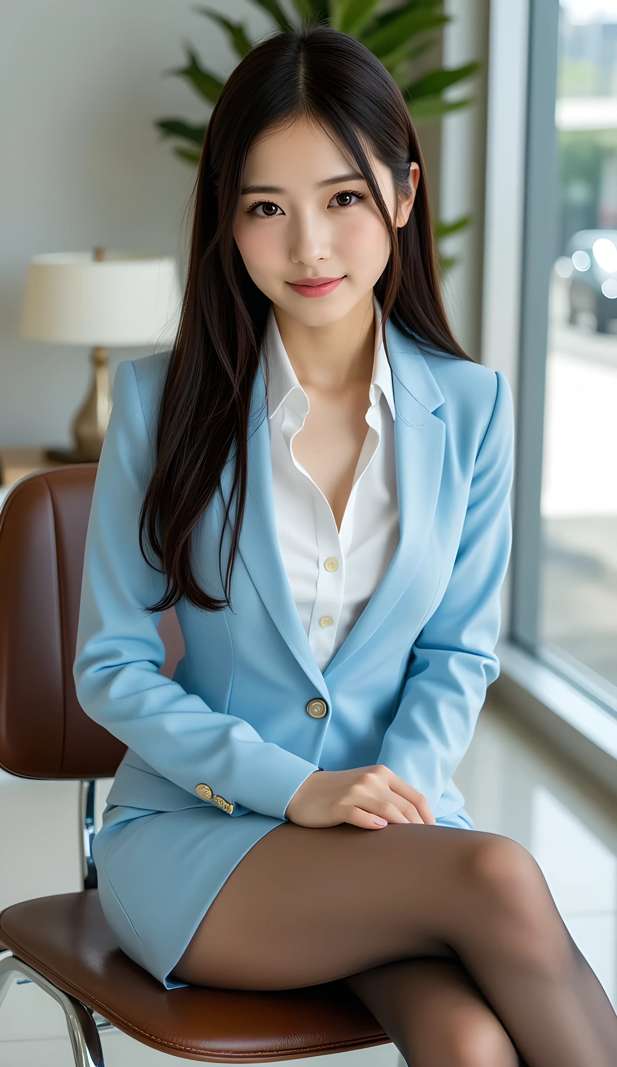 (full body image:1.5), (From the top of her head to the tips of her feet :1.5), Beautiful leg line from thighs to high heels, Sleek long black hair , Professional Office Lady with Long Dark Hair, is sitting in a chair with her legs crossed, The height of the chair is 60cm, Highest Quality, detailed eye and skin textures, Studio Lights, 30 years old, dark eyes, elegant, medium chest, plump lips, earrings, pastel blue tight suit, white blouse, miniskirt, brown pantyhose, high heels, name tag, long sleeve, slight motion blur , light motion blur, side view, Focused Expression, full body, (Put your shins or toes or high heels:1.5),