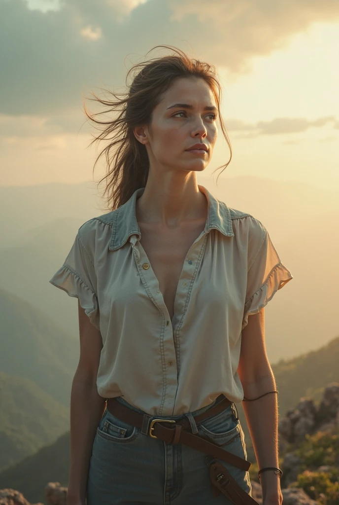 Woman in riding outfit, transparent blouse, no jacket