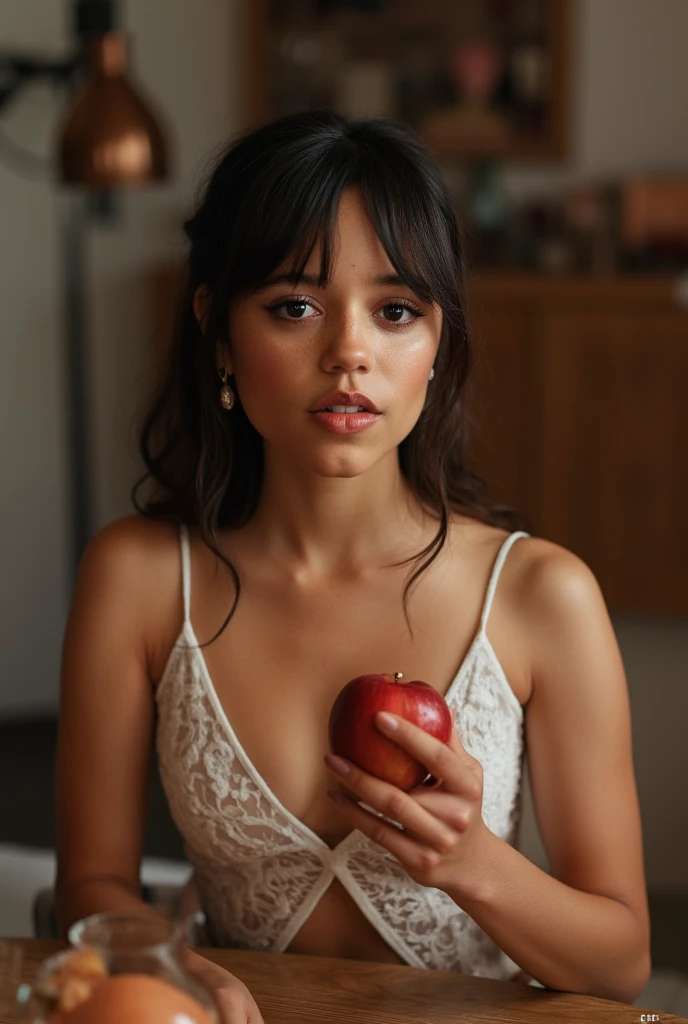 Arafed Mädchen looks like Jenna Ortega, 18 years old, ((sfw);1.3) mit langen Haaren, faceial details, hyper details eyes , ((smal breast):1.8), flat stomach, narrow waist, wide hips, round ass, thighs, leggings, sneakers, Meisterwerk, detailed beautiful teen sexy Wednesday Addams, detailreiches kurzes ((enges Lederkostüm):1.7),  Sportlich. Revolver halten. Nacht. auf dem Sofa sitzen, Background tinted glass window. 