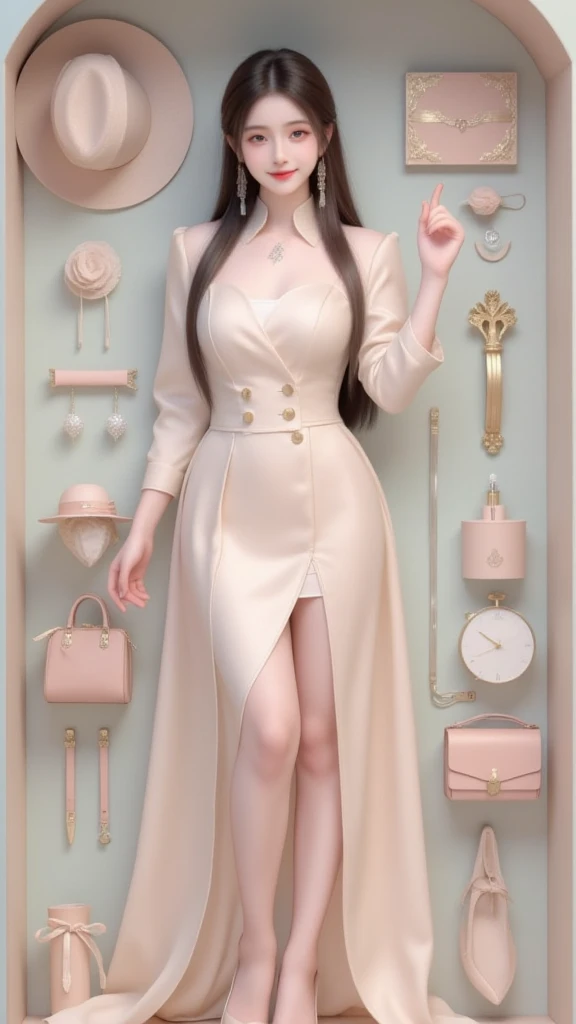 arafed woman in a white dress surrounded by various items, high - end fashion photoshoot, wearing heels and white dress, dressed with expensive clothes, by Hedi Xandt, full body white dress, white russian clothes, inspired by Hedi Xandt, full shot fashion photography, knolling, her wardrobe is attractive, perfect maximalistic composition