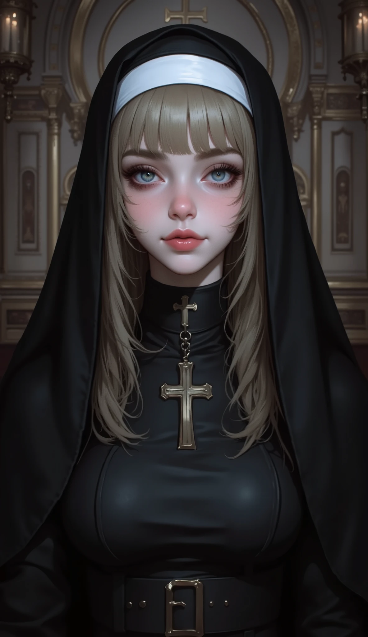 masterpiece,extremely detailed CG, high resolution, best quality,A young cute girl,blue eyes, (Droopy eyes,beautiful detailed eyes: 1.2), light blonde hair,(Nun's black attire that doesn't reveal skin:1.4),(Ample Busts,slenderbody),smile, (background dark church),monastery,