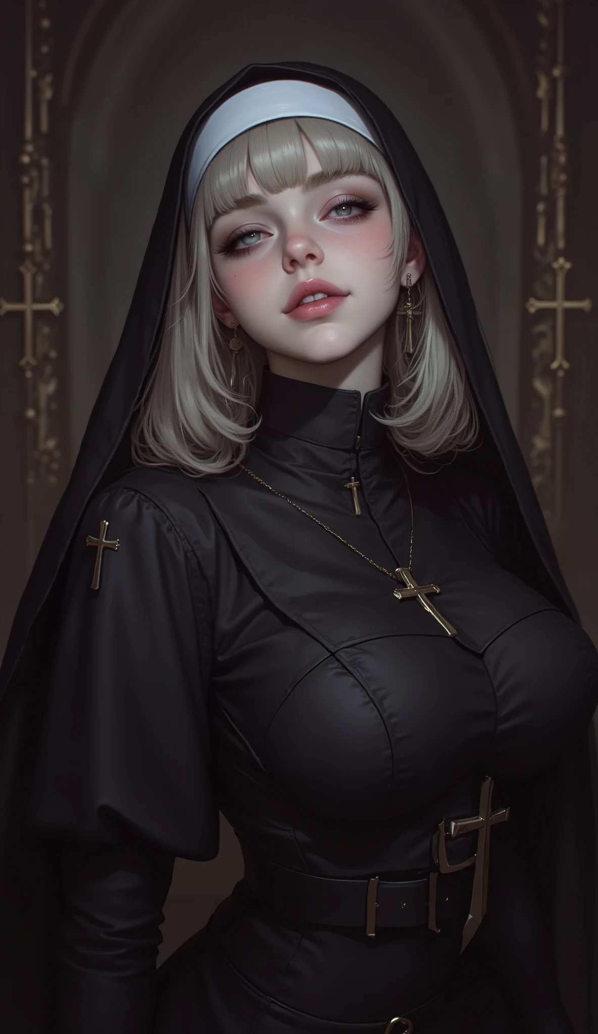 masterpiece,extremely detailed CG, high resolution, best quality,A young cute girl,blue eyes, (Droopy eyes,beautiful detailed eyes: 1.2), light blonde hair,(Nun's black attire that doesn't reveal skin:1.4),(Ample Busts,slenderbody),smile, (background dark church),monastery,