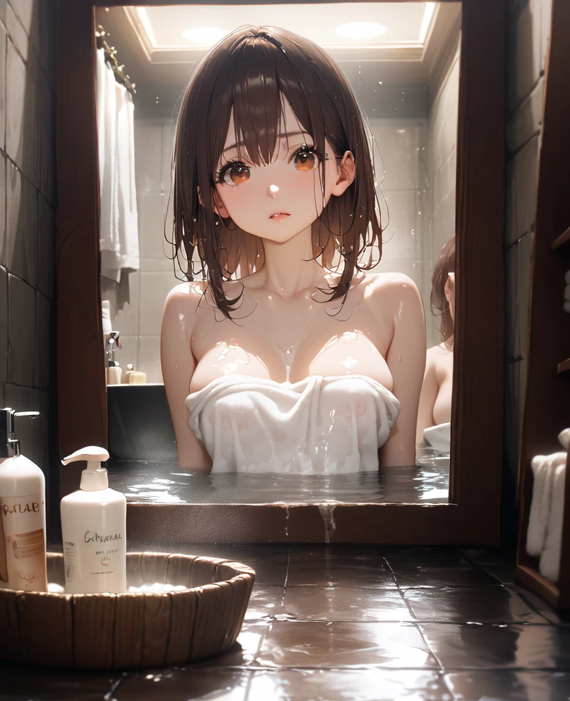 (masterpiece:2.0), (top-quality:2.0), (standing naked in the public bath:1.5), (View from the side:1.5), (Perfect exposed shoulders:1.5), (Perfect exposed nape:1.5), (Super Sexy Pose:1.5), (blushed face:1.3), (barechested:1.3), (Realistic:1.5), 1 , Precise little hands, Embarrassed look, Embarrassing face to see me, Open mouth, a very pretty girl, Innocent face, Young Face, Clear eyes, Shining eyes, shoulders can be seen, tiny chest, thigh visible, buttocks visible, No pubic hair, Dynamic Posing, Beautiful skins, ultra-definition, Top resolution, Japan High School Student, Brown hair