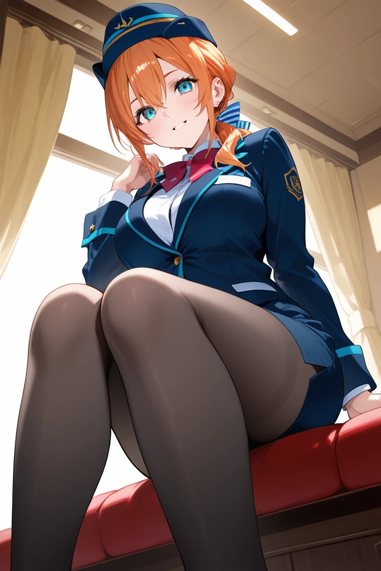 score_9,source_anime,1girl,solo,serious,from below,light blush,standing,looking at viewer,close up,hand on leg,hand on head,sitting,pantyhose,feet,crossed legs,long hair,large breasts,orange hair,military uniform,brown eyes,earrings,classroom,toe ring,<lora:MusouzukiXL:0.8>,