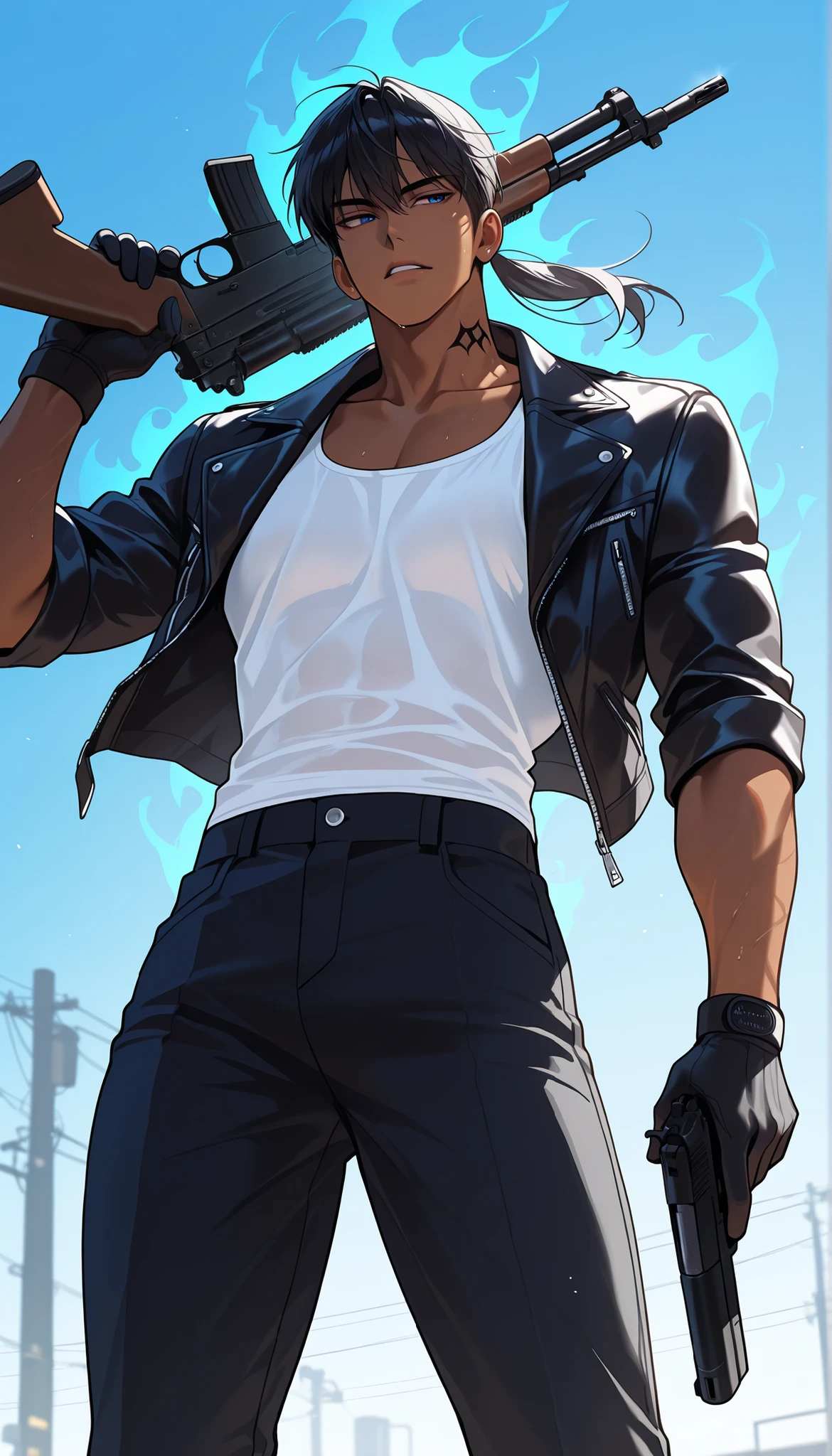 high resolution, masterpiece, best quality, high resolution, character portrait, masterpiece, 1 man, background, black hair, blue eyes, handsome, outdoor, illustration, dark skin, gradation eyes, Refreshing, Age in their 20s, fit body, slightly large eyes, (white tank top, leather jacket, black combat pants), detailed face, athletic build, sharp jawline, (calm and cool aura), cinematic lighting, crisp edges, clean shading, from thighs up, (dynamic angle), (cinematic framing), natural pose, (ponytail), (toned physique), broad shoulders, defined jawline, ((dark skin, tanned skin)), (holding gun), black tattoo on neck