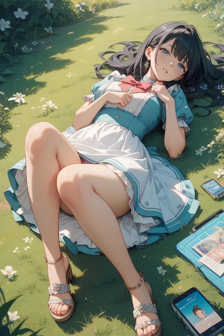 be familiar with, ultra-be familiar with, masterpiece, 8k wallpaper,(realistic:1.2),
1 girl, Thighhighs, black hair, alone, cup, Standing in the forest, flower, long hair, dress:1.1, brown eyes, white legwear, apron, hair band,  青いdress:1.5, shoes, short sleeve, plump sleeves, 白いflower, From above, 黒いshoes, puffy short sleeve, looking at the viewer, smile,Grass, flower, flower壇、From above,skirt lift、Upskirt:1.5、showing off her panties to the viewer、small panties、