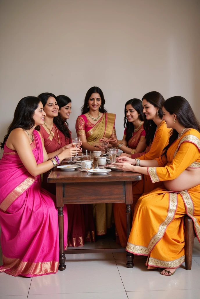 Setting: Daytime Tea Party in a Garden.
*Description: A group of women, wearing sarees, sit around a table laden with tea and pastries. big breasts, sexy