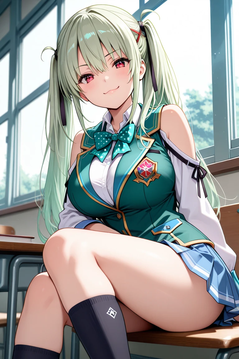 1girl, solo, full body, landscape, village, long hair, green hair, ponytail, large breasts, button down, pink bra, cleavage, dark blue eyes, ((sky blue shirt)), ((checked shirt)), ((short sleeved shirt)), sport shoes, red checked mini skirt, smile, looking at the viewer, yellow hairclip, blinding bangs, standing