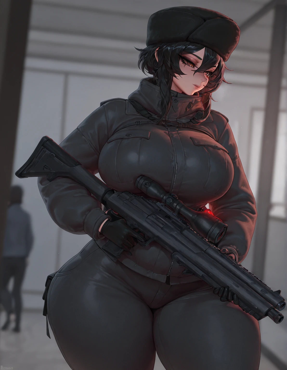 1female,35yo,plumw,extremely large bosom, 独奏,(Background with:Huge machinery,droid,aerodrome,Planes,Huge mechanical armor,) She has very short black hair,bobo head,Stand on the plane,,seen from the front, hair straight, mostly cloudy sky,(((tmasterpiece),(Very detailed CG unity 8K wallpaper),best qualtiy,cinmatic lighting,detailed back ground,beatiful detailed eyeright pupillue eyes,Snow-whiteskin,Redlip(Very fine and beautiful),(Beautiful and detailed eye description),ultra - detailed,tmasterpiece,))facing at camera,A high resolution,ultra - detailed),(gigantic breasts:1.3), revealing breastare genitalia, Bulge,legs are open,Raised sexy,Camel toelushed complexion,Desire for dissatisfaction,frontage,Indian Air Force,Aviator,Officer's cap(Wearing:Dark green baseball jacket,Black pantyhose,Bare breasts)scifi style