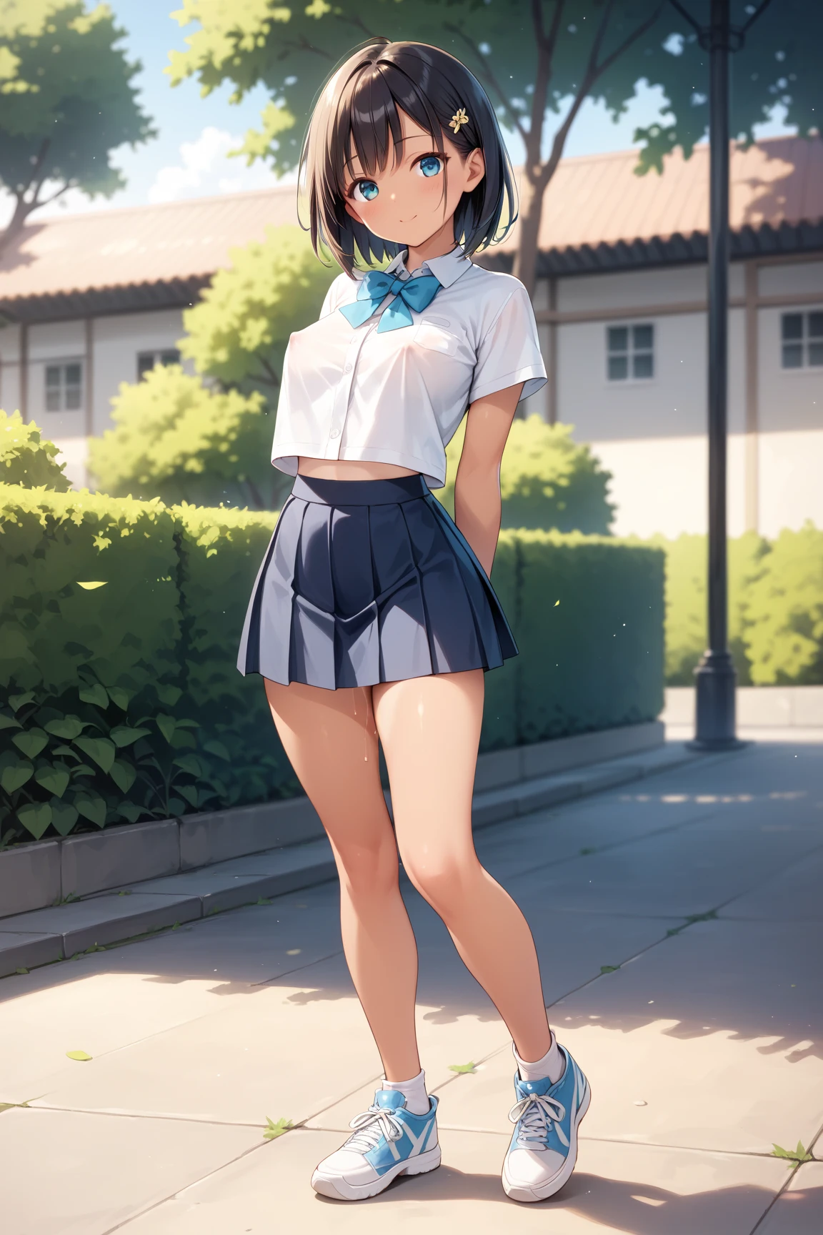 ((best quality)), ((masterpiece)), ((detailed)), (((perfect face))), (((slender 18yo age girl looking down))), ((((topless)))), (((medium breasts))), ((dark blue pleated skirt from waist to thighs))), ((dark brown hair)), ((short ponytail)), (((blue eyes))), ((shy:1.3)), ((blushing:1.5)), ((skinny thighs)), ((skinny hips)), (((bare arms))), (((bare shoulders))), (((bare stomach))), (((open mouth))), (((surprised:1.3))), (((botanical gardens))), (((wearing blue sneakers))), (((walking)))
