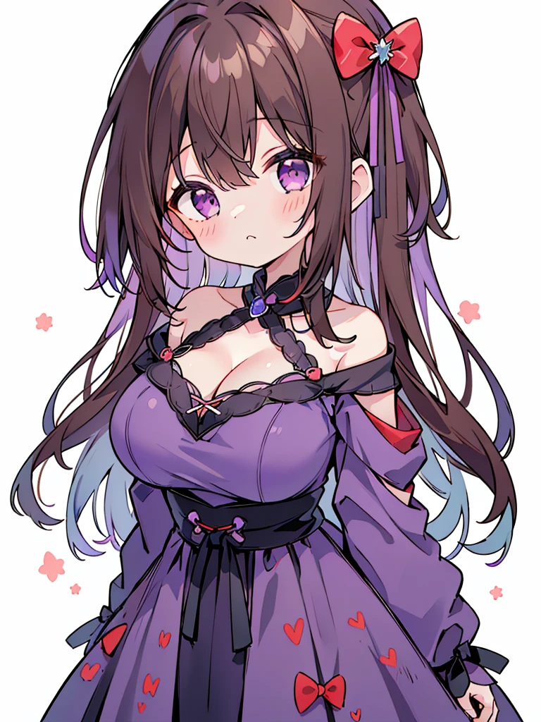 (masterpiece), top quality, detailed, 1girl,solo, outfit-origami, halo, simple background, white background, large breasts, bare legs, portrait photo, photo booth, beautiful, standing, short twin tails, brown hair, purple eyes
