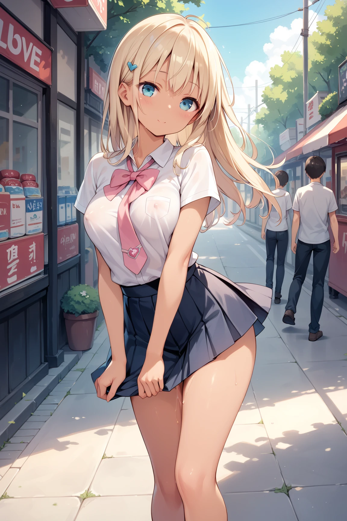 (((medium breasts))), ((best quality)), ((masterpiece)), (detailed), (((perfect face))), (((slender teenl))), ((((topless)))) (((dark blue pleated skirt from waist to thighs))), (((plantinum blonde hair))), ((French braid)), ((shy:1.3)), (((blushing:1.5))), ((skinny hips)), (((sitting at city bus stop))), (((street of cars))), ((((girl looking away)))), (((bare arms))), (((bare shoulders))), (((bare stomach))), (((skinny thighs))), (((shy arms)))