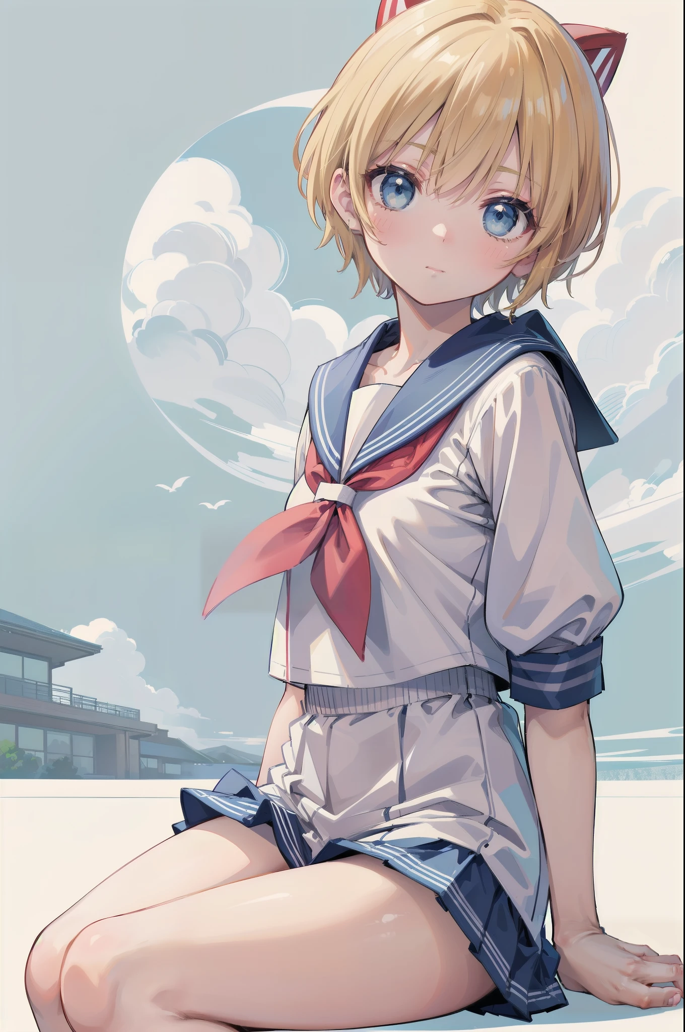 Gently stare, by krenz Cassiato , is sitting, Asuka, Asuka, anime styleイラスト, Official Art, high quality anime-style art as a model, high resolution, anime style, (short-sleeved sailor suit:1.4), (miniskirt), (face close-up:1.2), (NSFW:0.7), ( blond and blue eyed), head accessory, (flat chest:0.8),