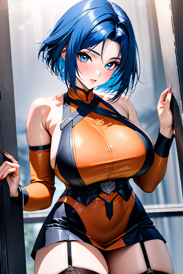 masterpiece, highest quality, best quality, official art, beautiful and aesthetic: 1.2), (1girl), extremely detailed, (fractal art: 1.3), colorful, highest detailed, perfect face, upper body, HDR, (prayer: 1.3), (dynamic stripes, luminous traces: 1.2), bright colors, dororo, standing, breast focus, breasts, large breasts, bare breasts, naked, nude, boob window, sexy, wide hips, thicc figure, Detailed blue eyes, Detailed face, Detailed eyes, perfect face, perfect eyes, wearing blue jumpsuit, jumpsuit, blue jumpsuit, breast window, naked breasts, smug, smug grin, smug expression, fangs